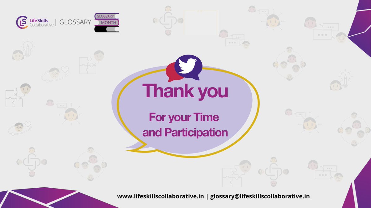 lifeskills_in's tweet photo. Thank you everyone for your participation! We hope to carry the conversation on #lifeskills forward.
#LSC #LSCIndiaGlossary
@_arjunb @cfl_education @mridulaisreddy #VitalLifeSkills #LifeSkillsTerminology #SolvingChallenges #MainstreamingLifeSkills https://t.co/nObYo1XY9f