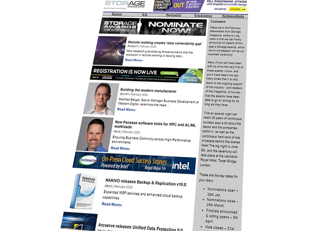 STMagAndAwards's tweet image. The February edition of the Storage magazine eNewsletter is now available here, including opinions, case studies, product reviews and research as well as all the latest news from across the sector: btc.co.uk/newsletter/ST/… #arcserve #westerndigital #panasas #datacore #infinidat