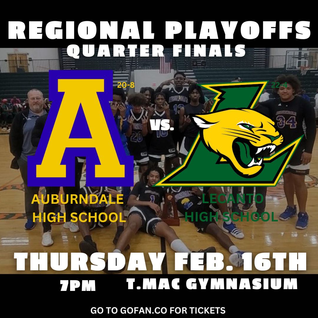 AdaleHoops's tweet image. Tonight at the Tracy McGrady Gymnasium it goes down. 1st round of the 5A regional tournament at Auburndale at 7pm. 22-4 Lecanto at 20-8 Auburndale for a bid to the 2nd round of the tournament. Tickets can be purchased at gofan.co so come on out and support