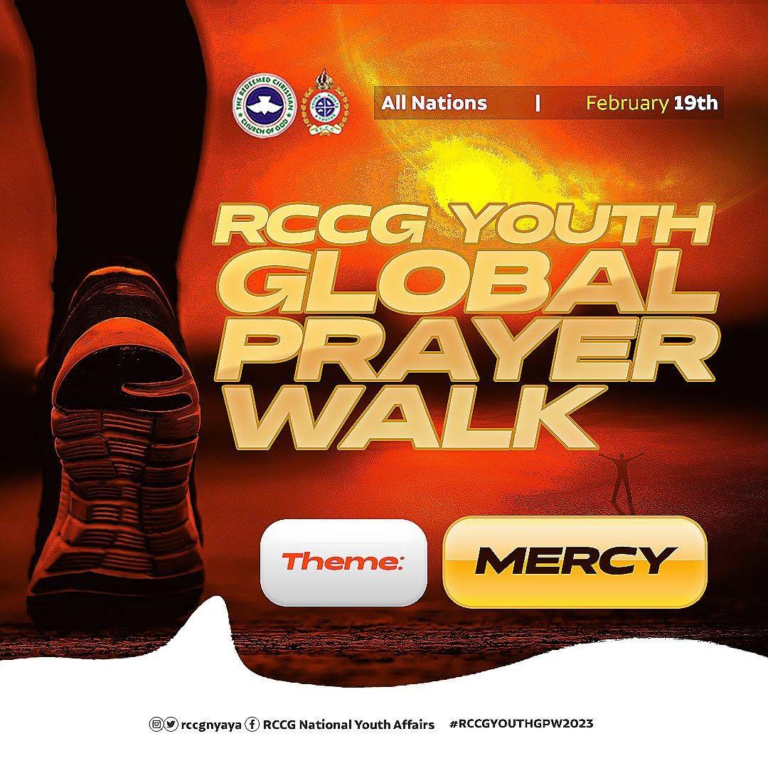 180dyc's tweet photo. If there are people to pray to, there is a God to answer
The Annual RCCG Youth Global Prayer Walk is upon us.
This year, the focal point of our prayer is MERCY on the nations of the world.
Mark your Calendars - February 19th, 2023
Jesus will be glorified! Brace up!
#praywalk https://t.co/P69RmJNXKD