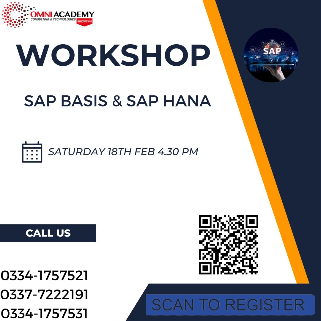 ShaziaImam8's tweet image. Join us for free workshop for SAP Basis and SAP HANA
For Workshop Registration click: bit.ly/2Us6psU
#sap #sap_basis #sap_hana #free_workshop #online_workshop #omni_academy