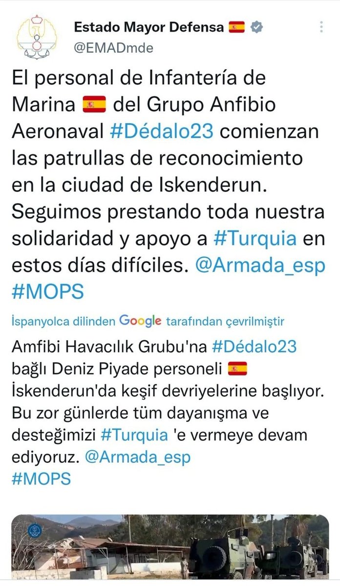 Bir zamanlar 'Erdoğan'ın diploması sahte' diyen operasyon çocuğu emre İspanyol Kuvvetlerinin keşif devriyesi attığı tweette yazıyor, Özdağ'ın iddiası değil.