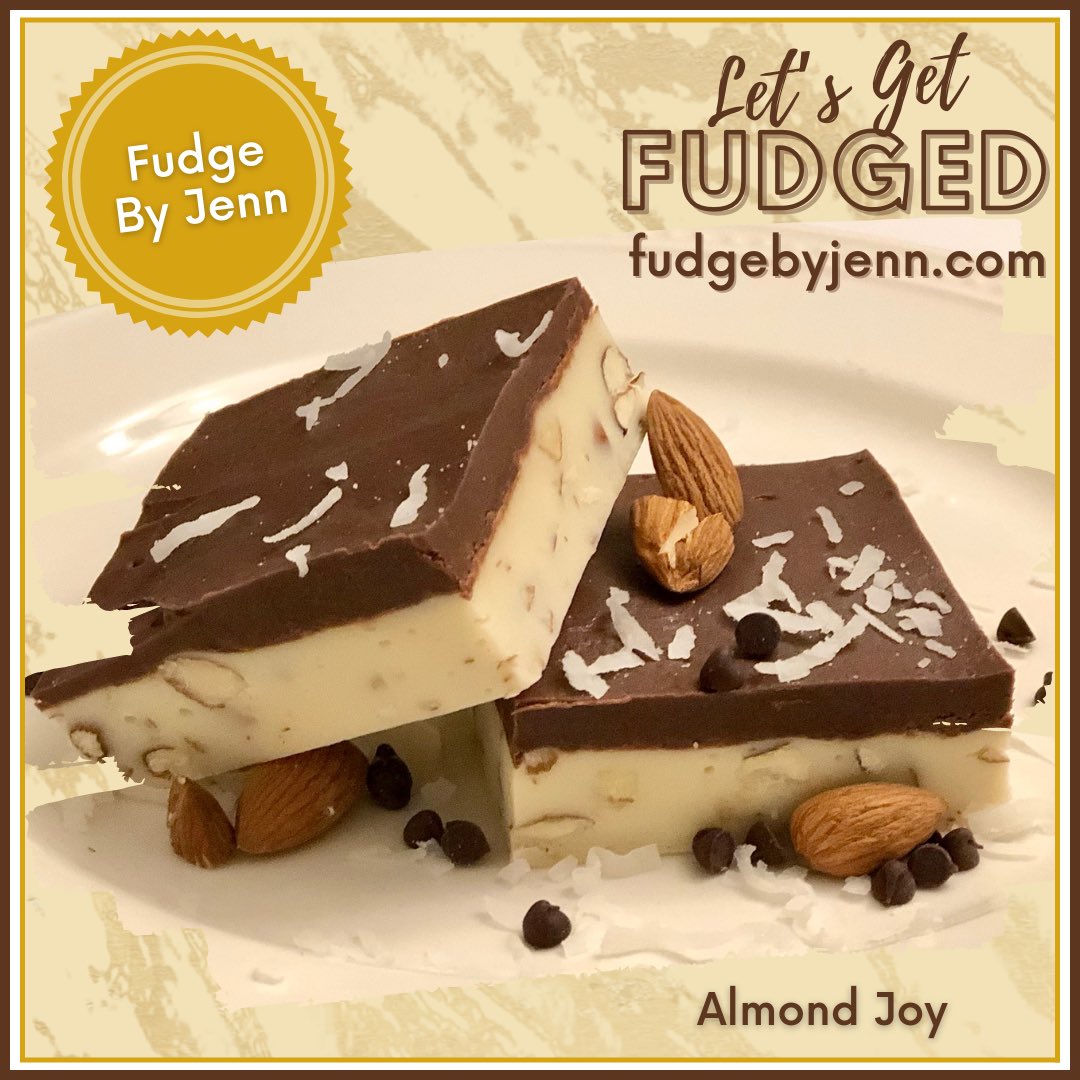 fudge_by_jenn's tweet photo. Today is National #AlmondDay! No better flavor to represent than Almond Joy! This is a customer favorite and makes its rounds during the holiday season. Coconut #fudge chock full of almonds, topped with dark #chocolatefudge 🤤
#almond #almondjoy #fudgebyjenn #letsgetfudged https://t.co/8ia0Ad0GW5