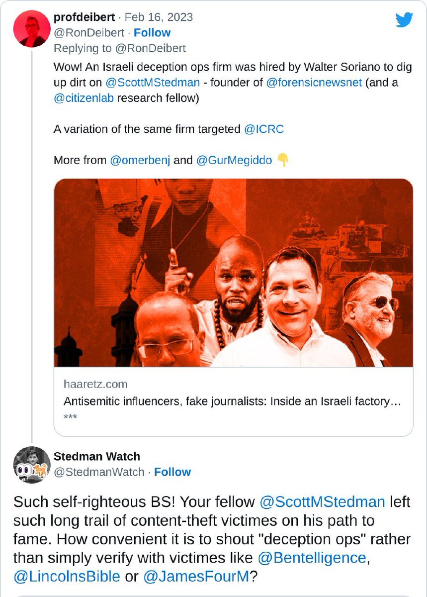 .<a href="/CitizenLab/">The Citizen Lab</a> chief <a href="/RonDeibert/">profdeibert</a> is covering up content-theft committed by his researcher <a href="/ScottMStedman/">Scott Stedman</a>, outed publicly, by multiple citizen-journalists, for stealing their research &amp; passing it as his own!
cc: <a href="/JamesFourM/">place holder</a>, <a href="/LincolnsBible/">Stephanie "LB" 🟧</a>, <a href="/euclidesM25/">euclides</a>, <a href="/Roadette33/">Roadette: I'm going forward. 🇺🇦</a>, <a href="/ninaandtito/">K. Louise Neufeld 🇺🇸🇺🇦</a>