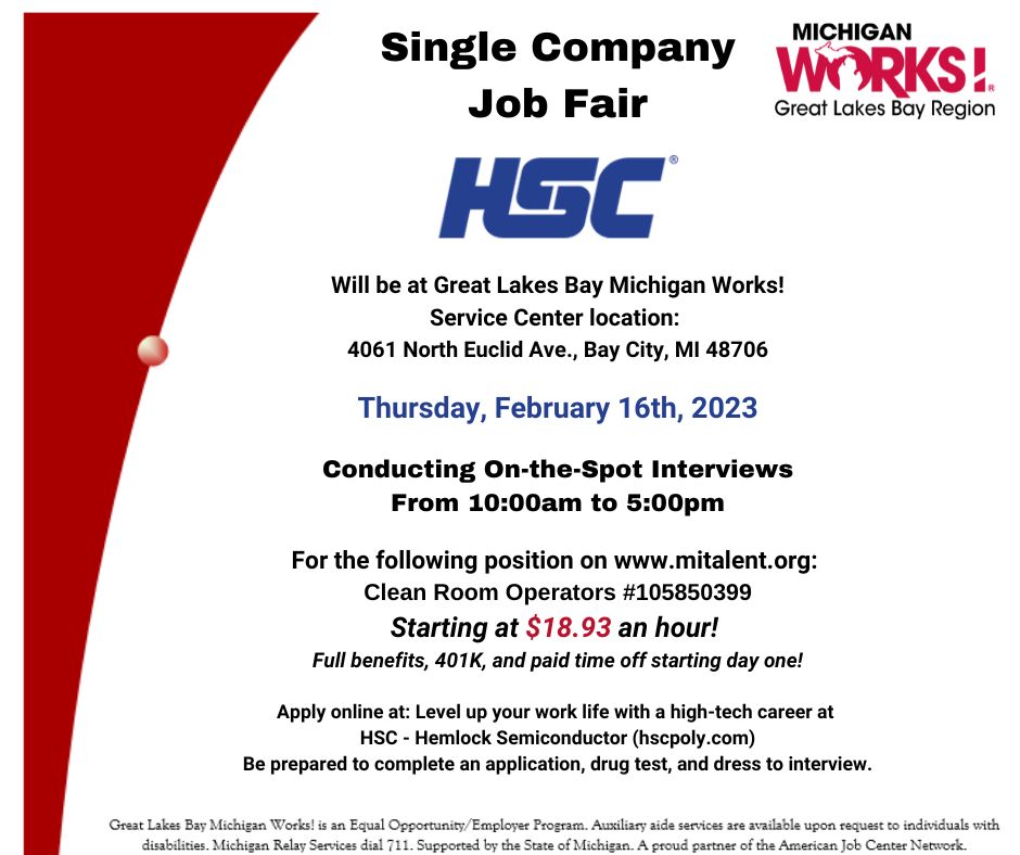 HSC is hiring Clean Room Operators: ow.ly/MgLM50MNyo6. Starting at $18.93 an hour! Conducting interviews Thursday, February 16th, at the Bay City Michigan Works! Service Center from 10:00 am to 5:00 pm. hscpoly.com