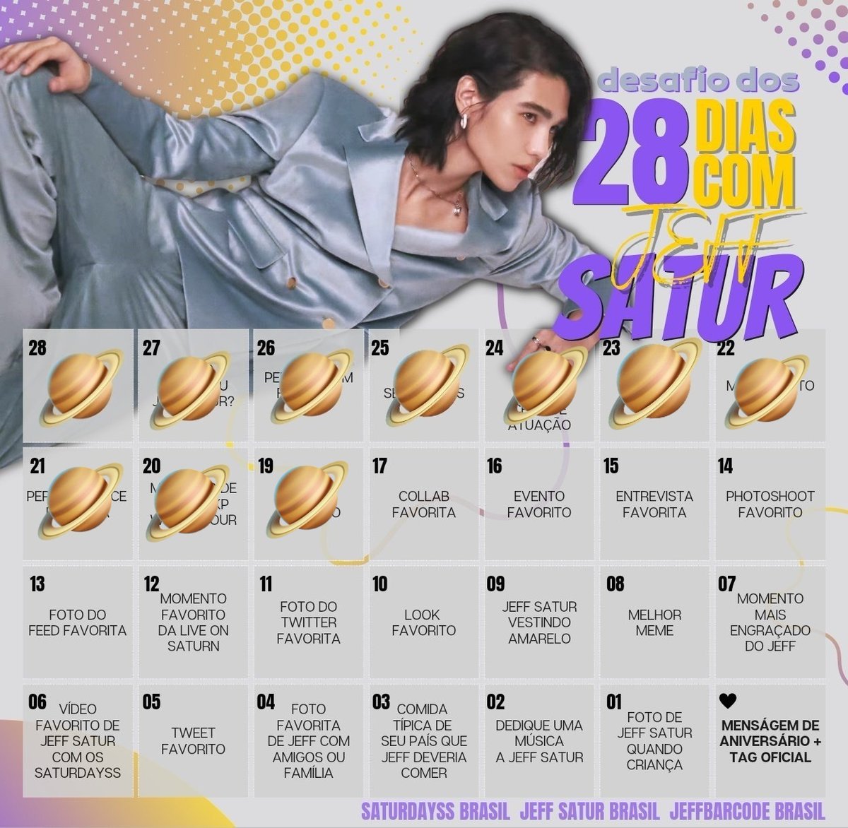 SATURDAYSSBR's tweet image. 𝟮𝟴 𝗗𝗔𝗬𝗦 𝗪𝗜𝗧𝗛 𝗝𝗘𝗙𝗙
🇧🇷 | Faltam 18 dias para o aniversário de 28 anos de #JeffSatur. 🎂 Sua colaboração/feat musical favorito de Jeff + #28DaysWithJeff!
_____
🇬🇧 | 18 days left for #JeffSatur's 28th birthday. 🎂 Your favorite Jeff's music collab + #28DaysWithJeff!