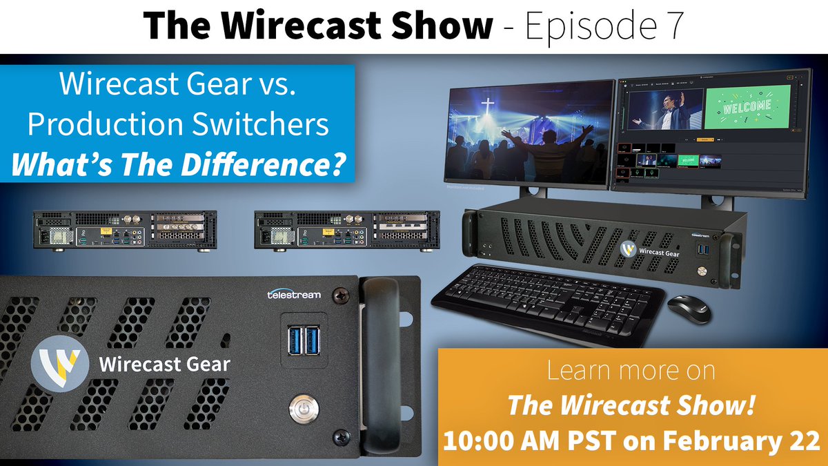 Wirecast's tweet photo. #WirecastGear and production switchers - what's the difference? Join us on #TheWirecastShow to learn more - Feb 22 at 10 AM PST! PLUS a special offer on Gear!
https://t.co/aG0AlyJMaU

#wirecast #video #livestreaming #switchers #liveproduction #telestream #videoproduction https://t.co/EmYCHy4bmJ