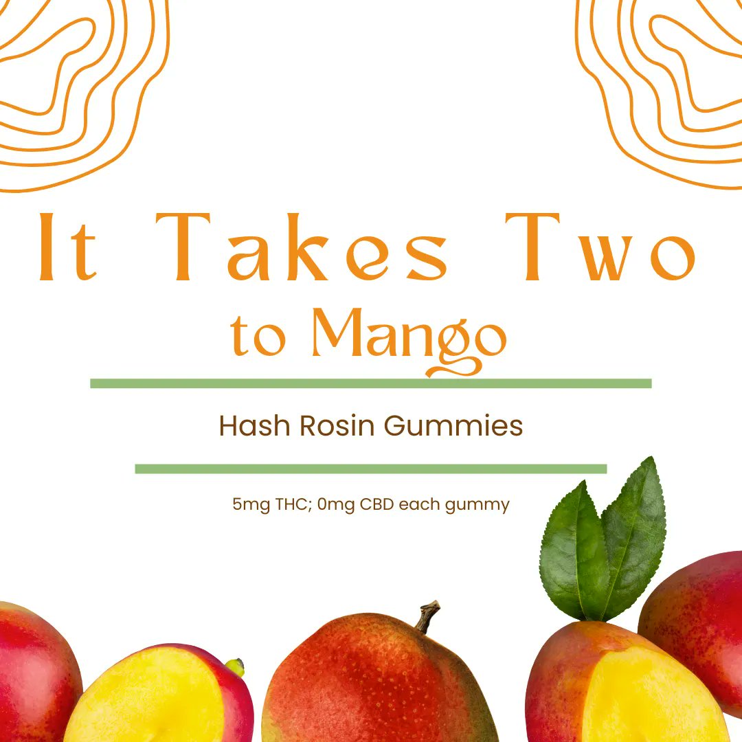 It Takes Two to Mango gummies made with Hash Rosin for full body, full-spectrum effects. 

5mg of THC in every gummy; 10mg of THC per bag