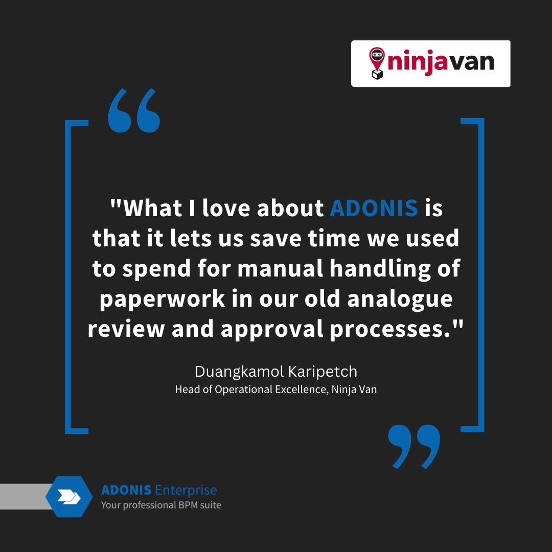 Ninja Van, Southeast Asia’s leading logistics provider, was looking to improve their operating structures &amp; boost efficiencies. Learn how they enhanced quality &amp; operational #efficiency using ADONIS &amp; the value they gained from implementing our #BPM suite ow.ly/FzHs50MTR1C