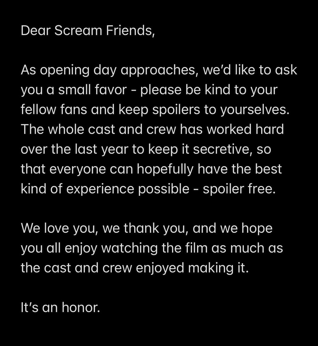 Dear #ScreamVI Friends,