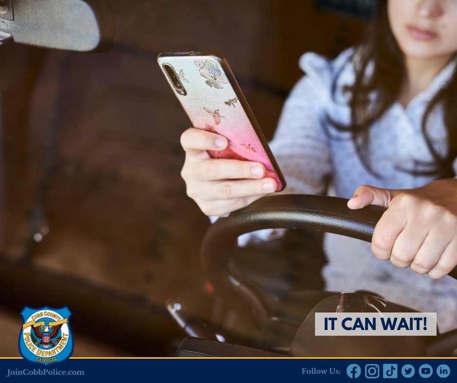 Keep your eyes on the road. Keep your phone out of reach. Make adjustments before driving.

It can wait!

#CobbPD #CobbPolice #CobbCounty #CrimePrevention