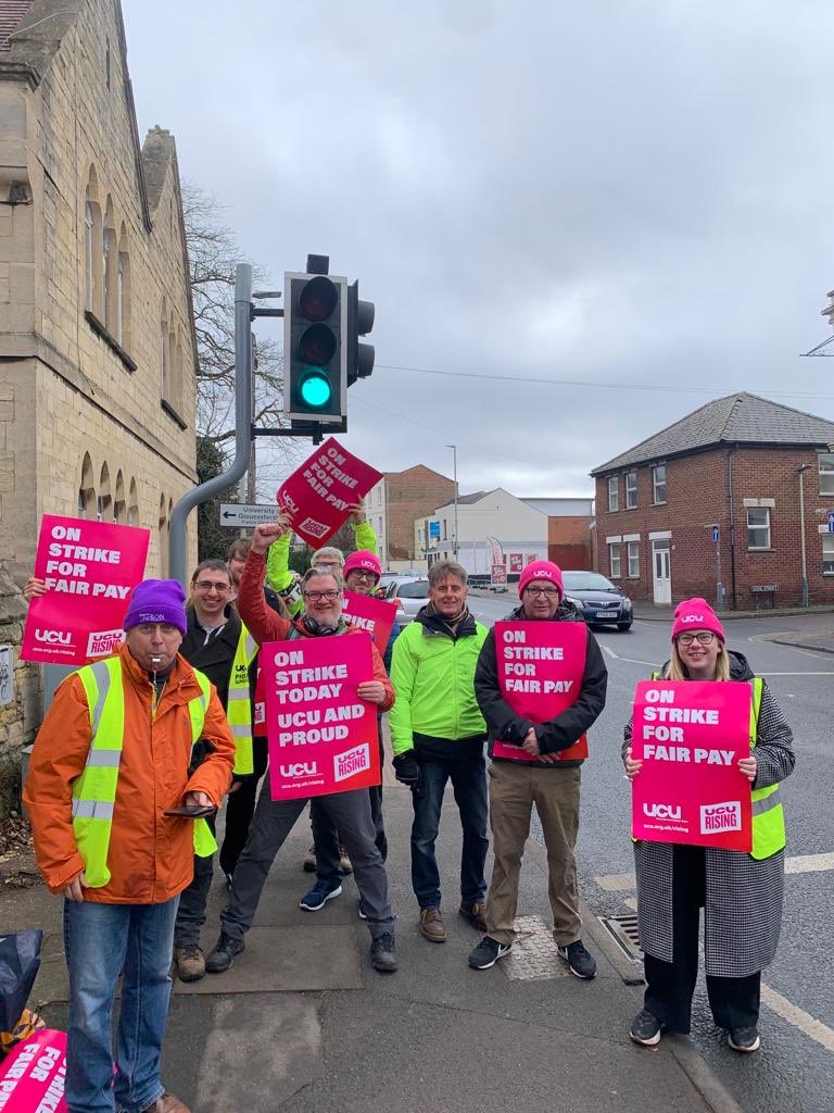 On strike today with my @ucuglos colleagues in protest at the utter devastation of our HE sector over last 13 years which has resulted in students charged extortionate fees/rents while staff wages have dropped 25% and workloads have soared @ucu #ucustrikes #ucurising