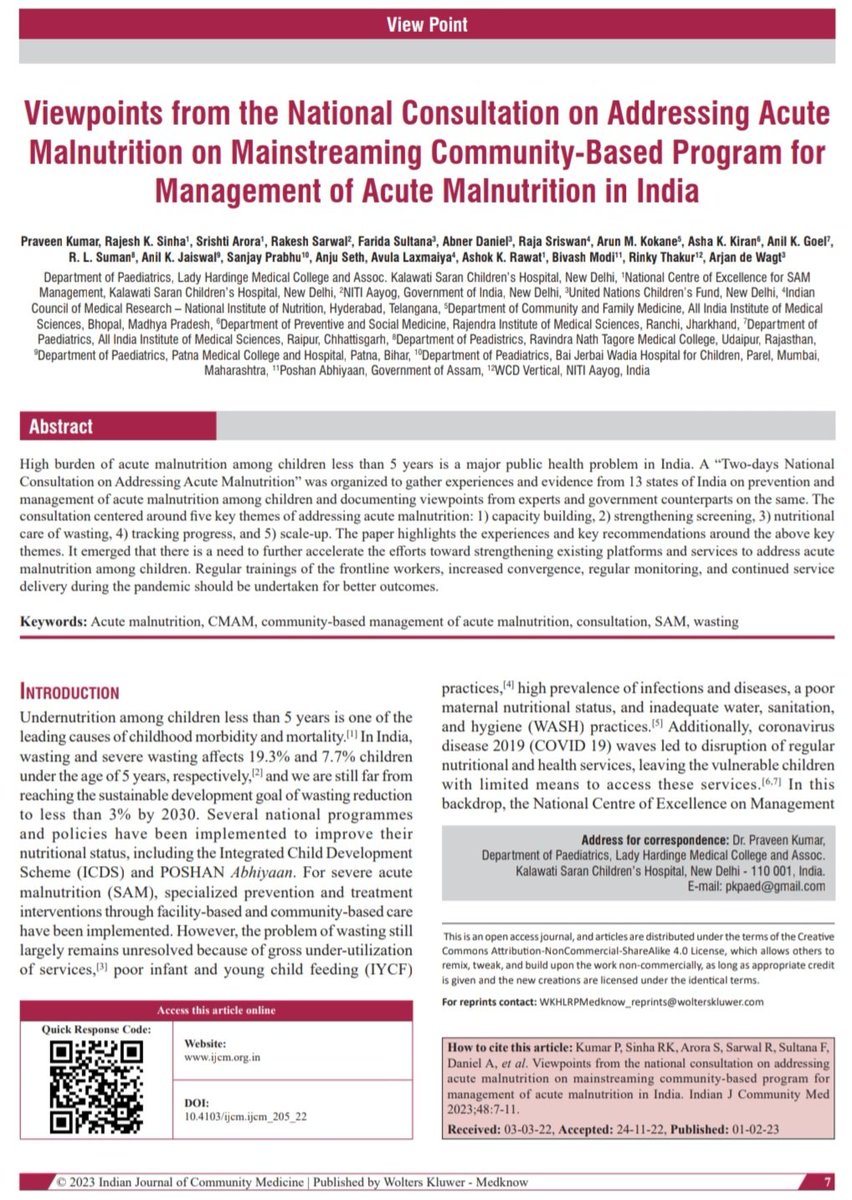 Viewpoints from the National Consultation with experts from <a href="/NITIAayog/">NITI Aayog</a>, <a href="/POSHAN_Official/">POSHAN Abhiyaan</a>, <a href="/UNICEFIndia/">UNICEF India</a>, <a href="/ICMRNIN/">ICMR - National Institute of Nutrition</a>, <a href="/StateRims/">State Centre of Excellence (SCoE)-SAM,RIMS,Ranchi</a> <a href="/aiims_rpr/">AIIMS, Raipur, CG</a> AIIMS Bhopal, PMCH, RNT Medical College, Wadia Hosp. which are involved in addressing acute malnutrition among children.
journals.lww.com/ijcm/Fulltext/…