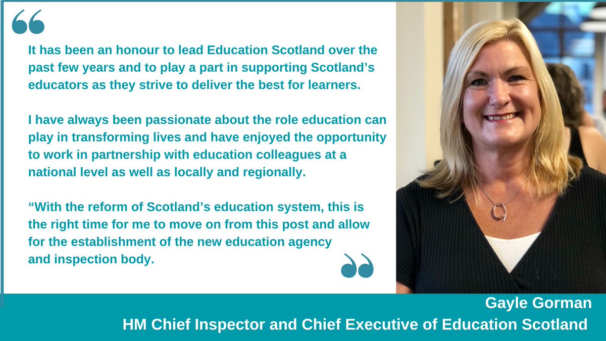 Our HM Chief Inspector and CEO of Education Scotland <a href="/GayleGgorman/">Gayle Gorman CBE</a> is moving on from post. Read more: ow.ly/xeFM50MU8Og