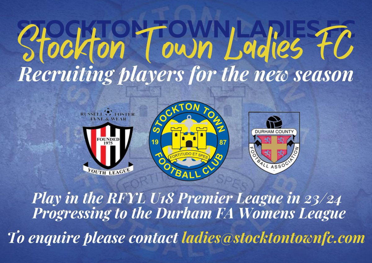 StocktonTownLFC's tweet photo. 𝗦𝗧𝗢𝗖𝗞𝗧𝗢𝗡 𝗧𝗢𝗪𝗡 𝗟𝗔𝗗𝗜𝗘𝗦 𝗙𝗖

𝗦𝘁𝗼𝗰𝗸𝘁𝗼𝗻 𝗧𝗼𝘄𝗻 𝗟𝗮𝗱𝗶𝗲𝘀 𝗙𝗖 are now recruiting players for the new season, if you are interested in joining please send all enquiries to ladies@stocktontownfc.com https://t.co/zuhwHN63EZ
