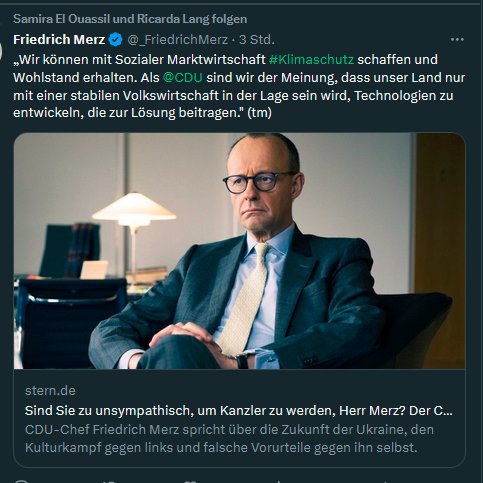 TinoPfaff's tweet photo. Es ist brandgefährlich, wenn der Chef einer etablierten Partei, den Wähler*innen dauerhaft Glauben machen will, dass die #Klimakatastrophe - die bereits JETZT wütet - mit irgendwelchen Technologien - die IRGENDWANN mal erfunden werden KÖNNTEN - zu lösen sei.
#Klimaschutz #Merz https://t.co/Z7FMOv3mc5