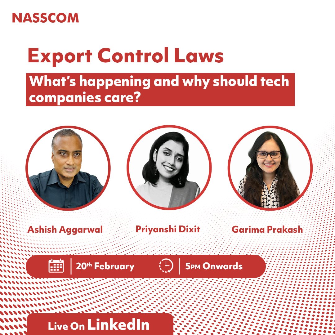 Catch @AA_speaks, @garima_prakash & @priyaanshid from @NasscomPolicy talk abt. export control regulations, why should tech cos. be bothered abt. this, what is needed to comply & what is the way forward for #India.

@debjani_ghosh_ @sangeetagupta29
#tradecompliance #exportcontrol