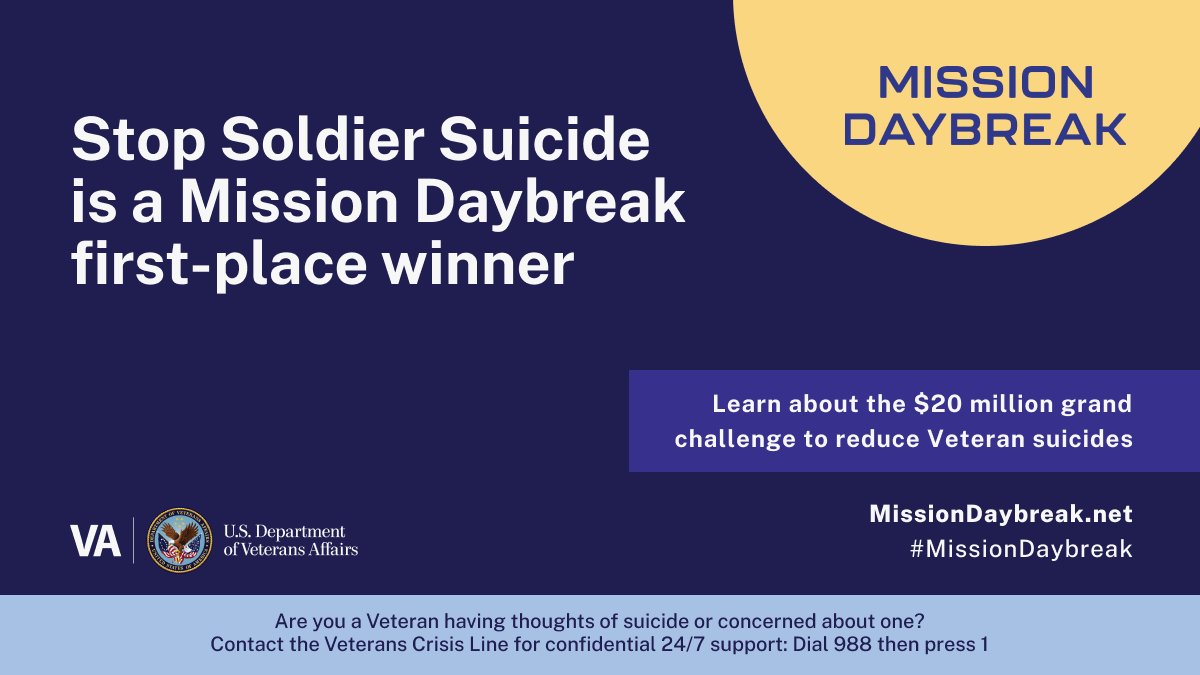 SoldierSuicide's tweet image. We’re proud to announce we’ve been named a first-place winner in the #MissionDaybreak grand challenge by the U.S. @DeptVetAffairs — earning a $3 million award to support Black Box Project. 

Learn more about our challenge-winning innovation: stopsoldiersuicide.org/missiondaybreak