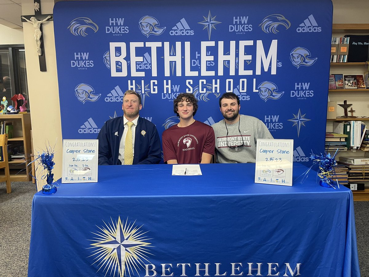 BethlehemHSFB's tweet photo. Congratulations to @stone_cooper3 on signing with @FairmontStateFB yesterday! Bethlehem Football is proud of you Cooper! We know you will do great things! https://t.co/wiuKdkrDTN