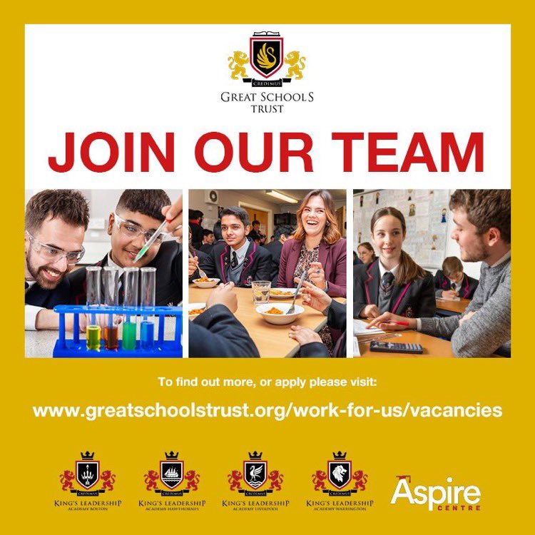 📢 JOIN OUR TEAM! 📢 

We are currently recruiting for a number of opportunities across our trust. 

To find out more visit: lnkd.in/eTHzUVNR

#MATJobs #TeacherJobs #EducationJobs #NorthWestJobs #GreatSchoolsTrust #Kings #Bolton #Bootle #Liverpool #Warrington