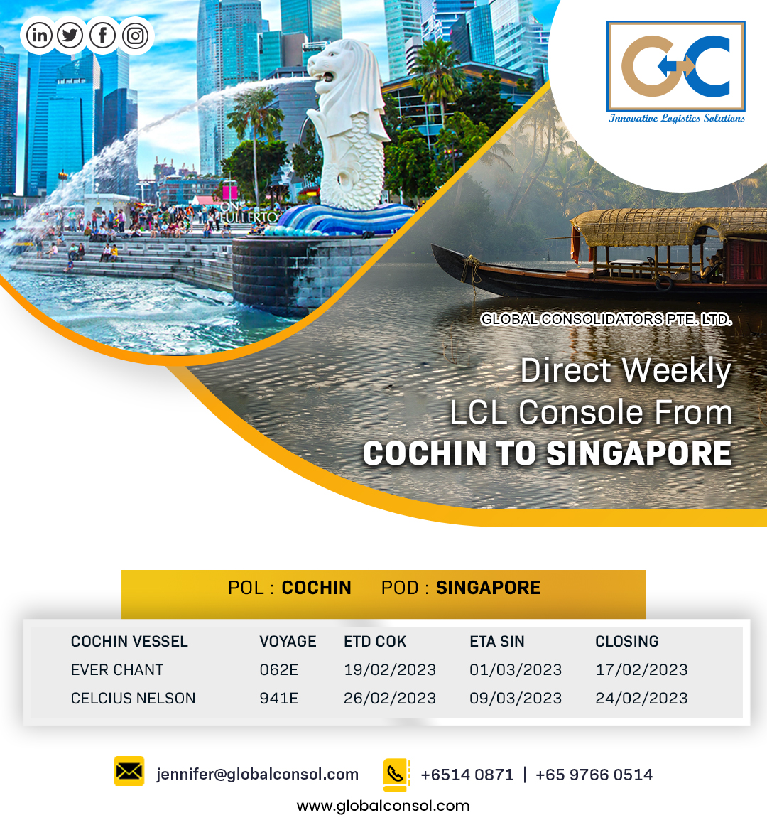 Ship Directly from #cochin to #singapore with #GC.

#management #shipping #freight #logistics #airfreight #trucking #transport #cargo #transportation #aviation #freightforwarding #warehouse #shippingworldwide #shippingindustry #worldwide #worldwideshipping #cochin #innovation