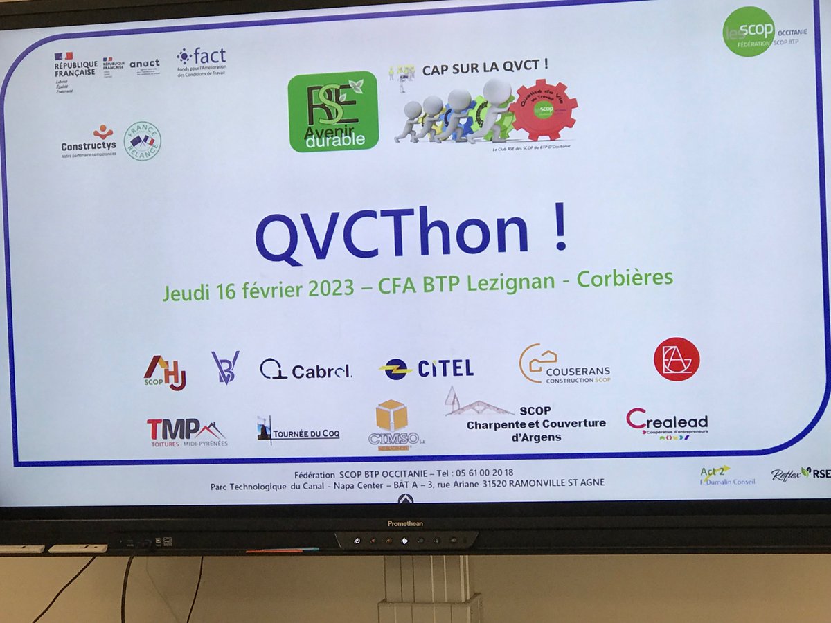 fscopbtpOcc's tweet photo. Aujourd’hui 16 février, une 1ère en France se déroule en Occitanie au CFA BTP de l’Aude : un QVCThon organisé par @fscopbtpSO. Événement qui vient clore mois de projet  mené avec 6 SCOP #BTP déjà engagées # RSE. Vive la #QVCT 😉 https://t.co/U66zZHypZD