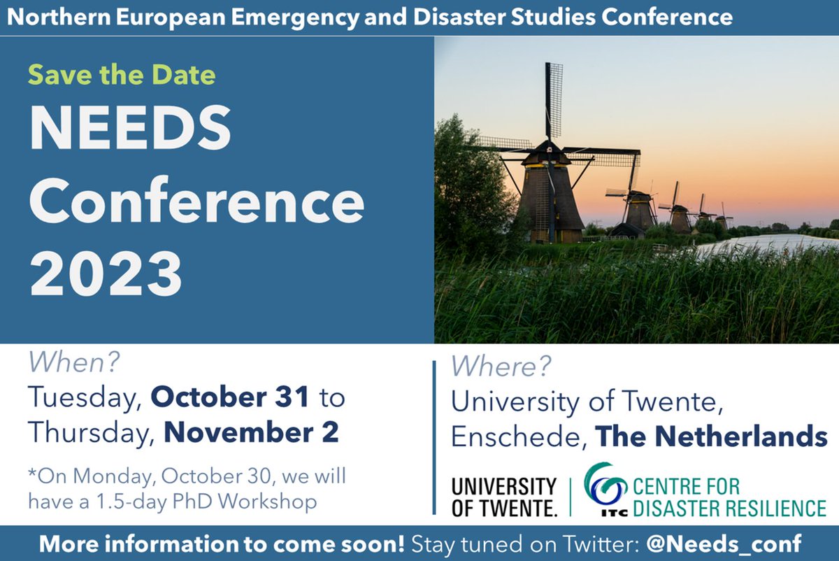 📢 We are pleased to announce that the next NEEDS Conference will be held from October 31 to November 2 at the University of Twente, The Netherlands. And on the 30th we will have our 1,5 days PhD workshop. 

More info will follow soon; for now, save the dates!🗓️

#NEEDS2023