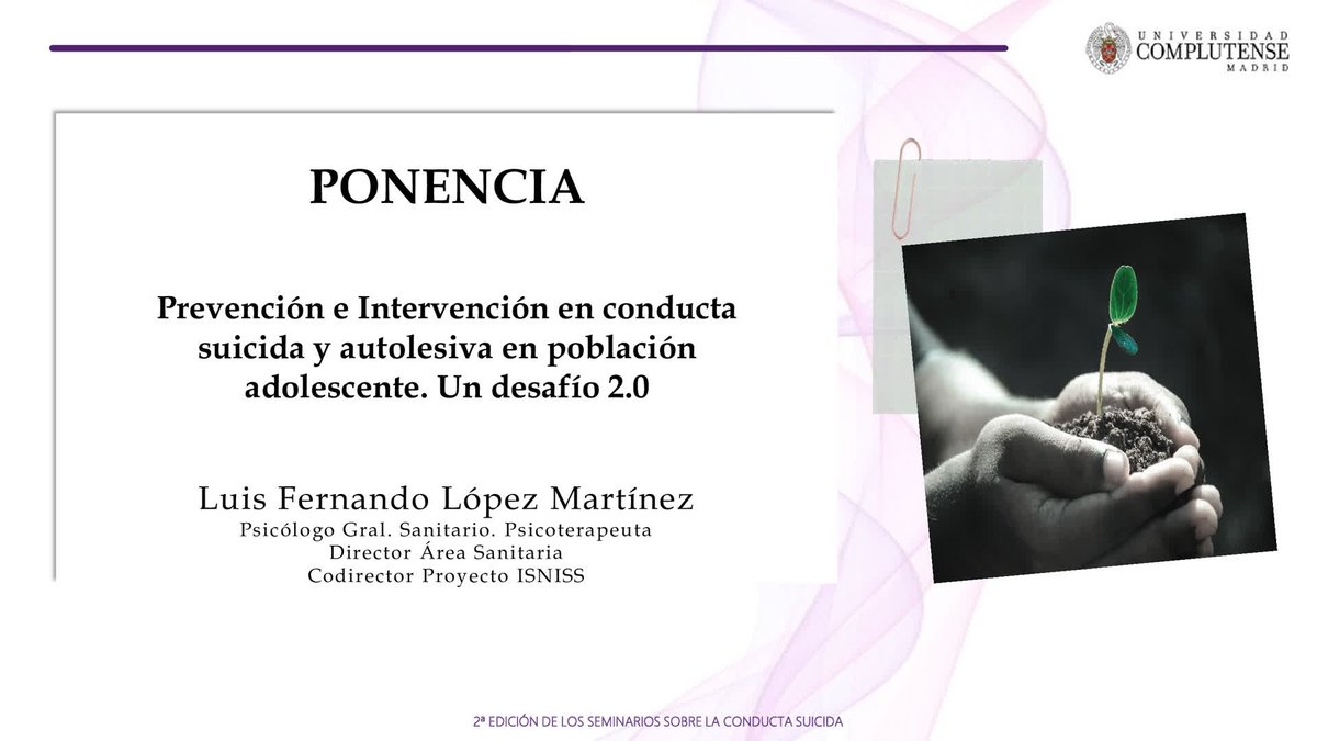 PsicLuisFLopez's tweet photo. El próximo viernes 17 gracias a la invitación de @unicomplutense y de @Alex_dlTorre podremos hablar del papel que las TIC juegan en la necesaria intervención ante el #suicidio y la #autolesion para los estudiante de #psicologia y del #MUPS en su futuro desarrollo profesional. https://t.co/DmkKiJlUhm