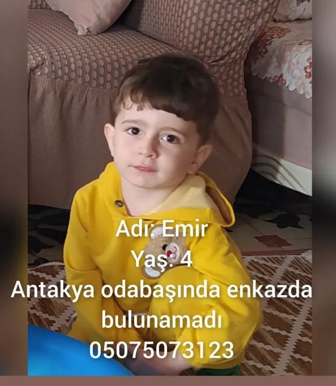 Depremin ilk gününden beri  "Odabaşı mah. 15.sokak nilüfer apartmanı Antakya/Hatay" adresindeki enkazda bulunamıyor. Yaralı olarak çevre illerdeki hastanelere kaldırılmış olabilir.  Çocuğun bulunabilmesi için mümkün olduğunca yayabilir miyiz #deprem #hatay