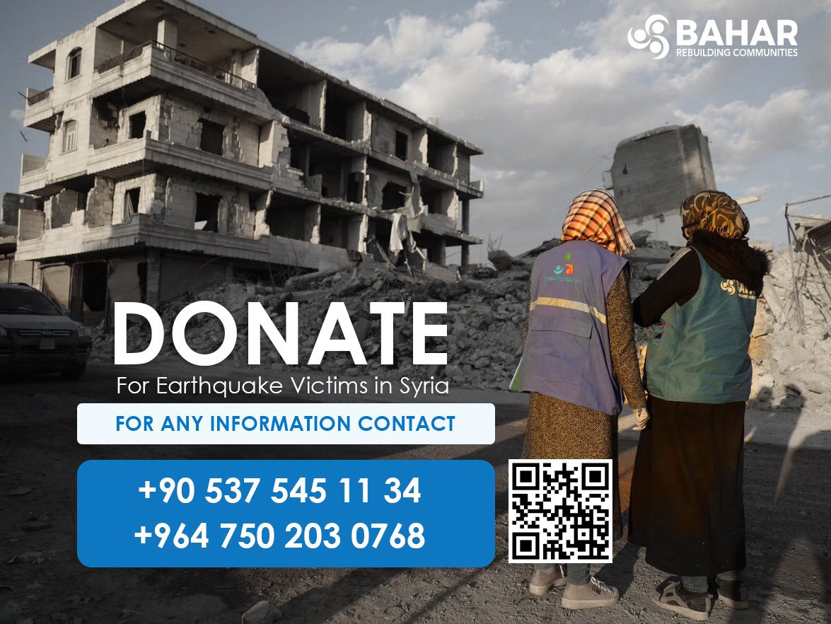 thebaharngo's tweet photo. To support our emergency response work following the #earthquake in #Syria, please donate via the info here https://t.co/noNKraY1ot, or simply scan the QR code in the below poster. https://t.co/wAVax8dodI