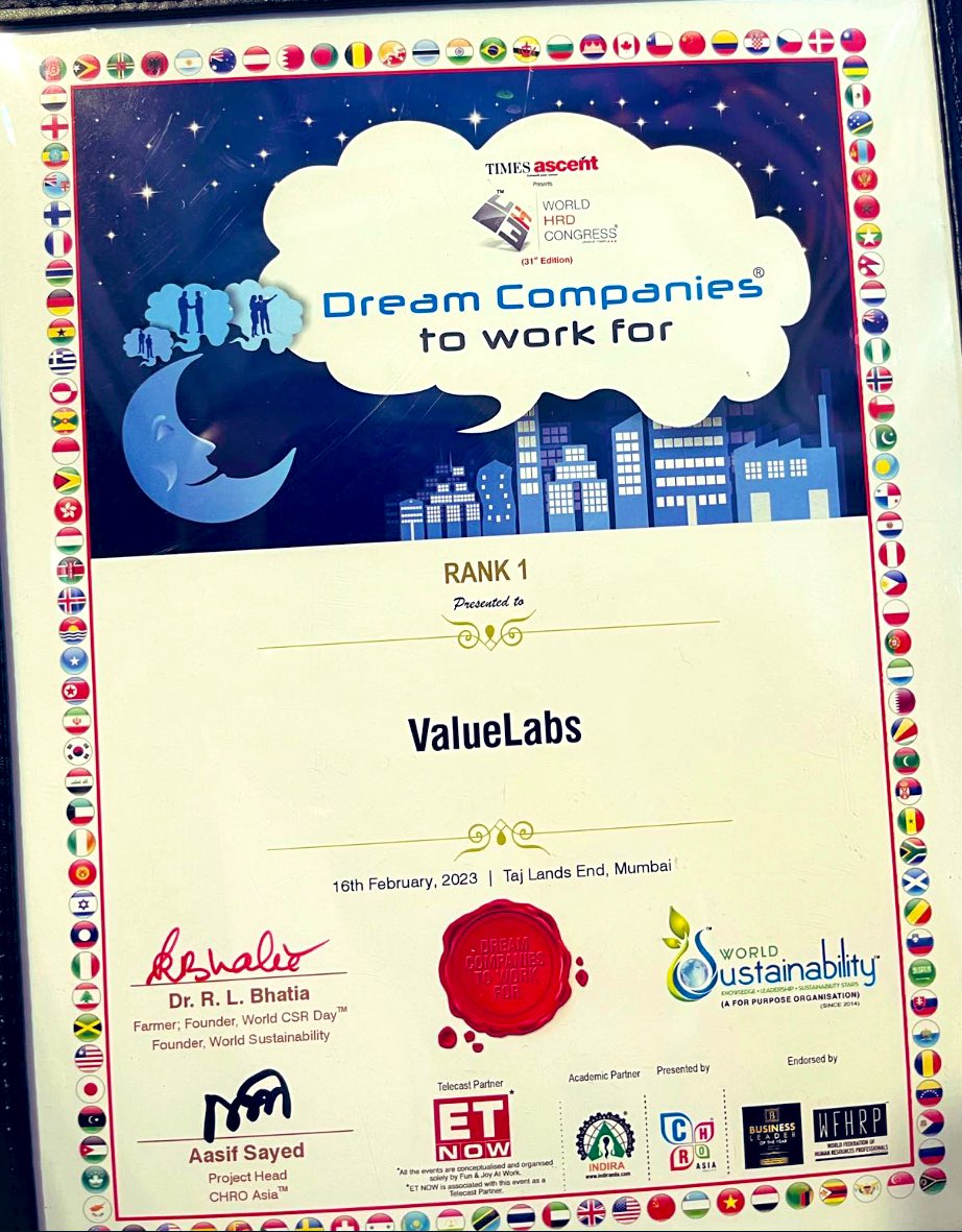 A big shoutout to all @ValuLabs We are honoured to receive 9 awards at the @WHRDC25 ,including the #Rank1 Dream Companies to work for. Thanks @timesascent #worldHrdConress for this incredible recognition! We are committed to maintaining our #Rank1 and driving #HRexcellence #ESO