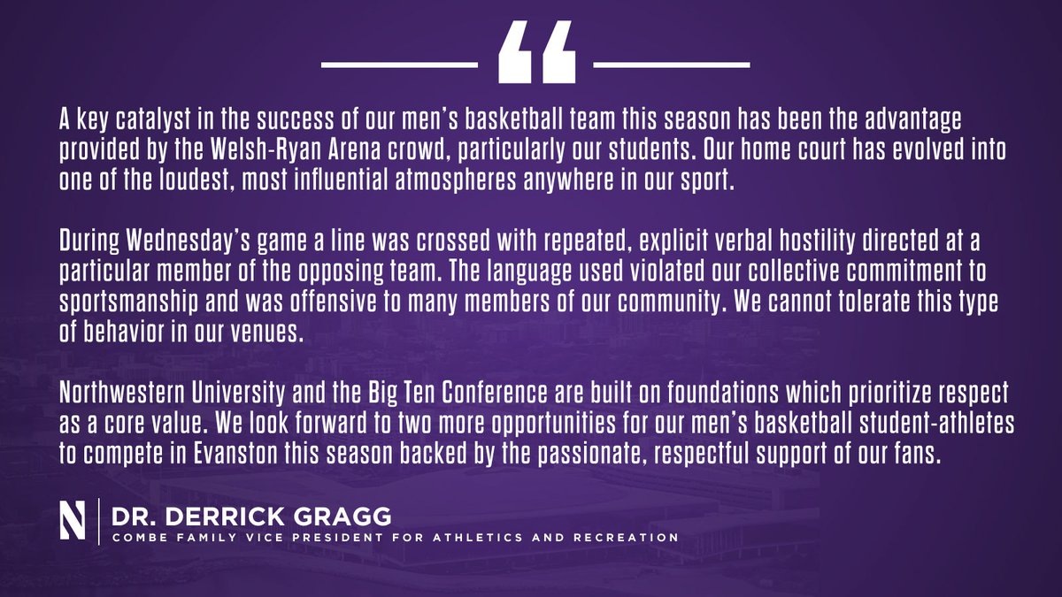 Northwestern Athletics (@nu_sports) on Twitter photo .<a href="/NorthwesternU/">Northwestern</a> and the @BigTen are built on foundations which prioritize respect as a core value.
#GoCats | @DrDerrickGragg .<a href="/NorthwesternU/">Northwestern</a> and the @BigTen are built on foundations which prioritize respect as a core value.
#GoCats | @DrDerrickGragg