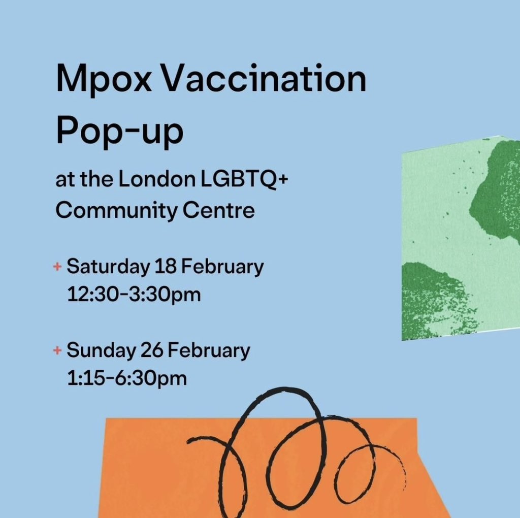 We’re holding two FREE pop-up MPOX (monkeypox) vaccination events at <a href="/LdnLGBTQCentre/">London LGBTQ+ Community Centre</a> 

Drop-in: no booking required

1st or 2nd vax 

Dates ⬇️⬇️⬇️

Queer migrants welcome