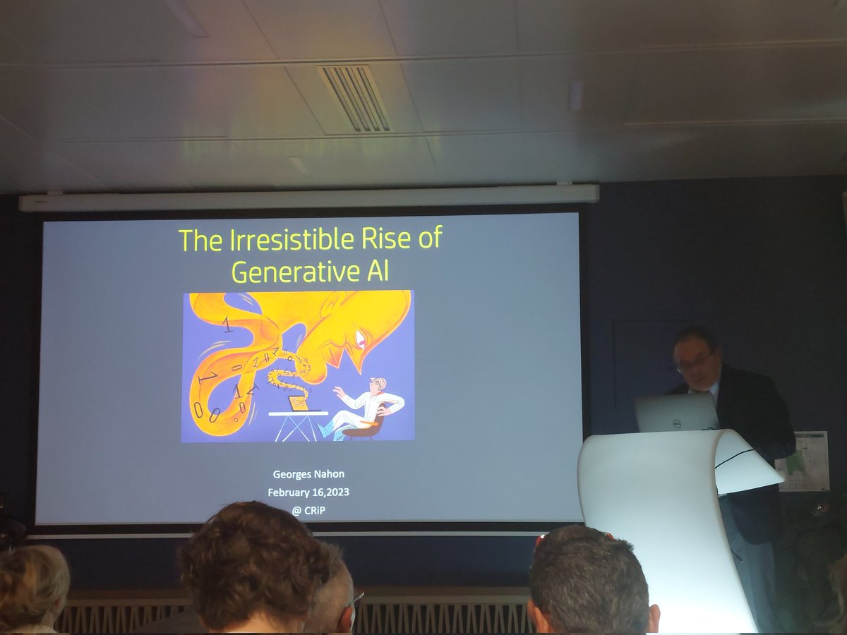 BossusFabien's tweet photo. Rencontres 2023 du @CRiP_asso 

Keynote de @georges_nahon 

US Tech's two obsessions : LayOffs and #ChatGPT 

#GenerativeAI #IA #CIO #Tech #CTO https://t.co/7S51nf0Kbs