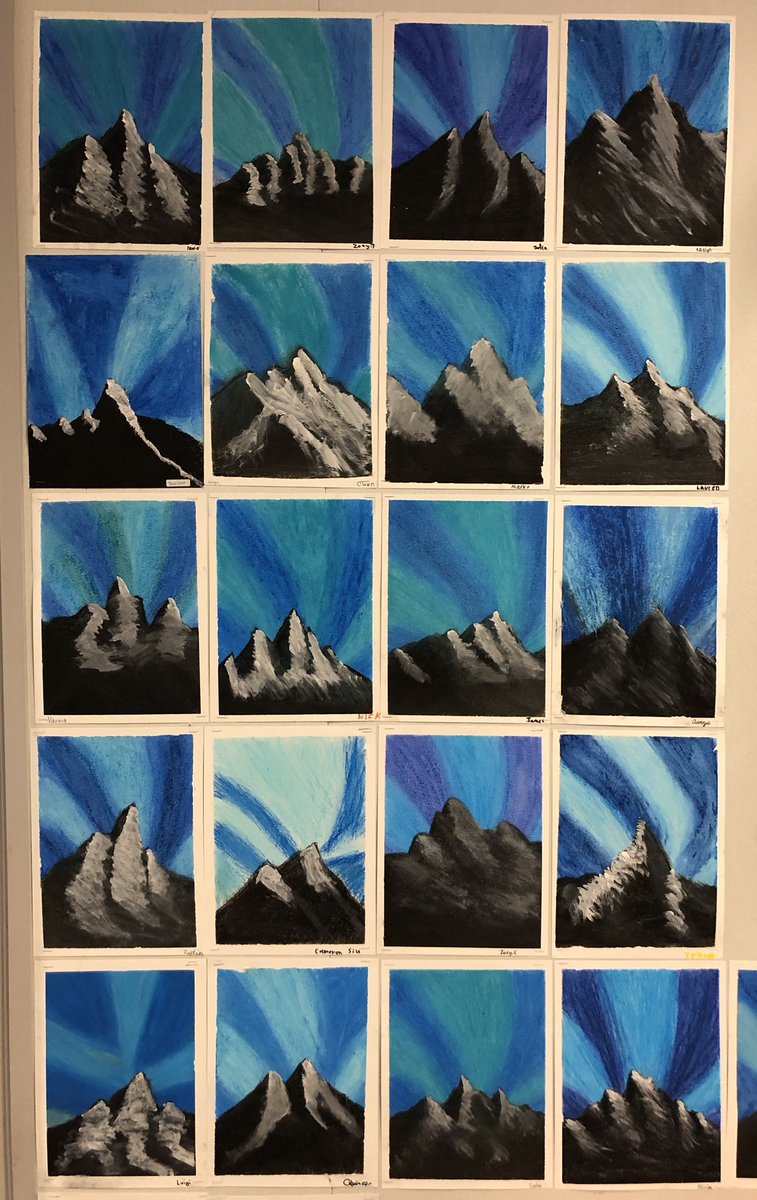 It’s incredible how our teachers at Gilmore inspire #creativity in our students! #grateful 

Here, Div 3 used oil pastel in a guided lesson of the Northern Lights landscape. 

Can’t help but stop in the hallway each time to admire beautiful artwork like this! 😍