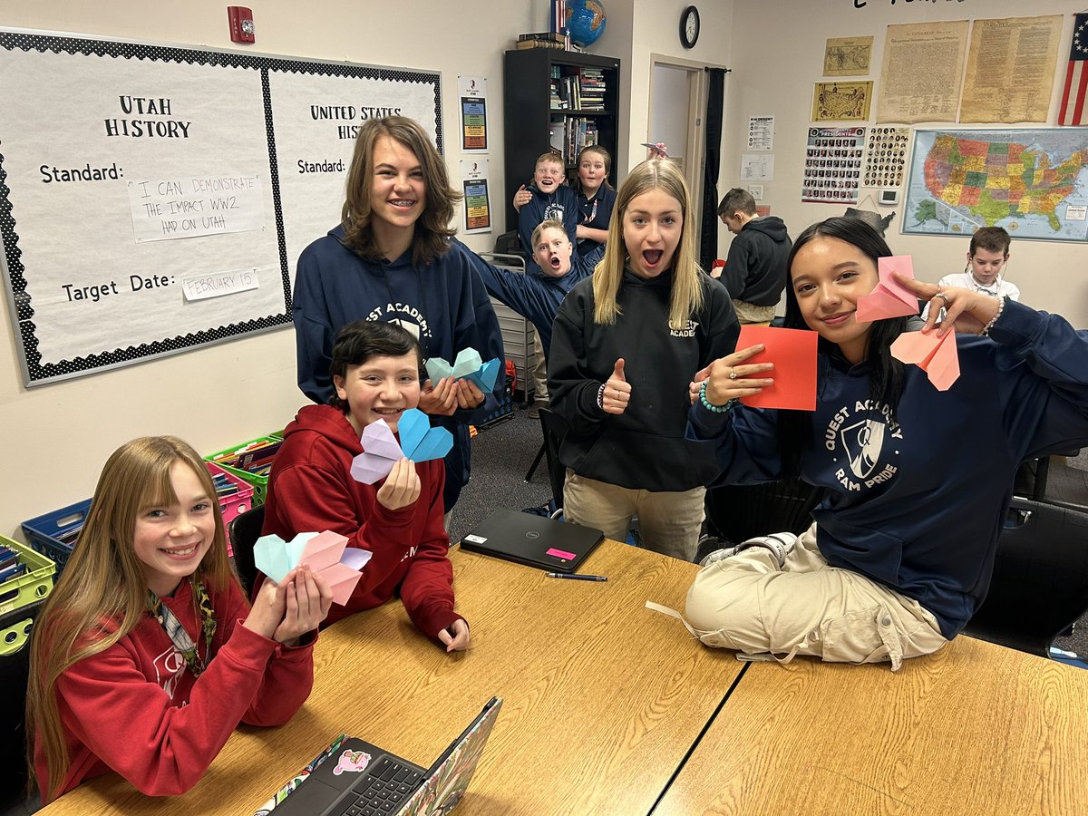 MsFernelius's tweet photo. Sometimes learning history can be heavy and emotional. I try to end my classes on a positive/hopeful note. After learning about the Japanese internment camp in Utah, my students create origami to honor the Japanese culture. #pcbl #uted #utahhistory #utah @QuestJrHS @nickiatquest https://t.co/F8JyWoHX55