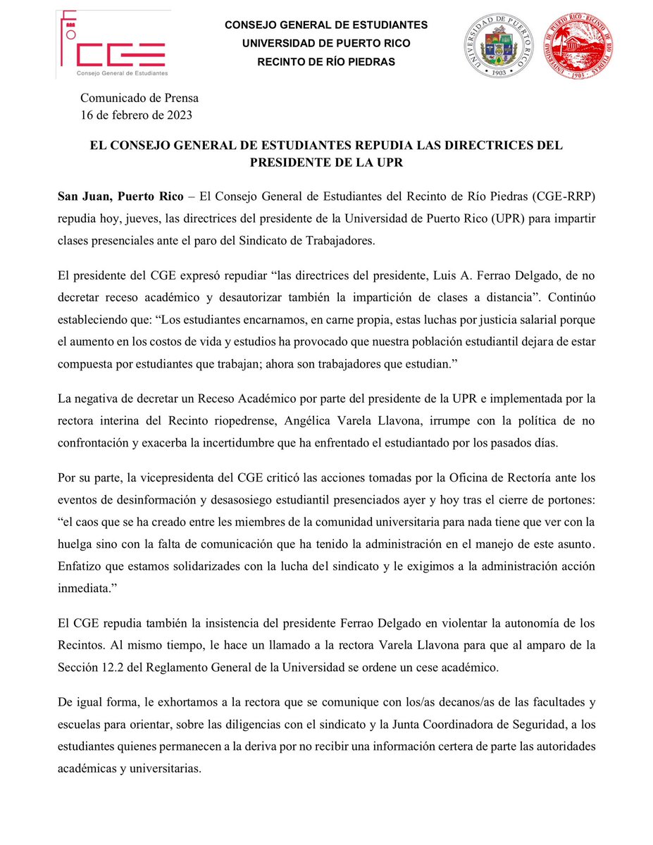 cgeuprrp's tweet photo. [Comunicado de Prensa]

El Consejo General de Estudiantes repudia las directrices del presidente de la Universidad de Puerto Rico https://t.co/tfNjshKXHh