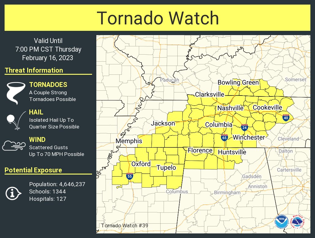 NWSNashville's tweet image. A tornado watch has been issued for parts of Alabama, Kentucky, Mississippi and Tennessee until 7 PM CST