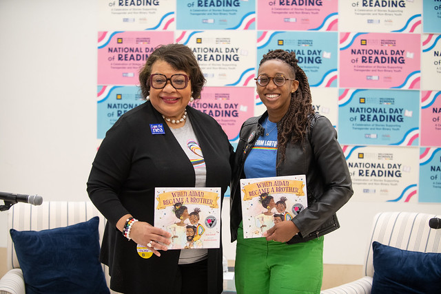 PrincessRMoss's tweet photo. When politicians ban books and censor lessons, they deprive students of seeing themselves. Representation matters! Diversity matters! Today I’m reading When Aidan Became a Brother with @KelleyJRobinson at @HRC. Join me in championing diverse books for kids! #WelcomingSchools https://t.co/JKEaSzYZ4n