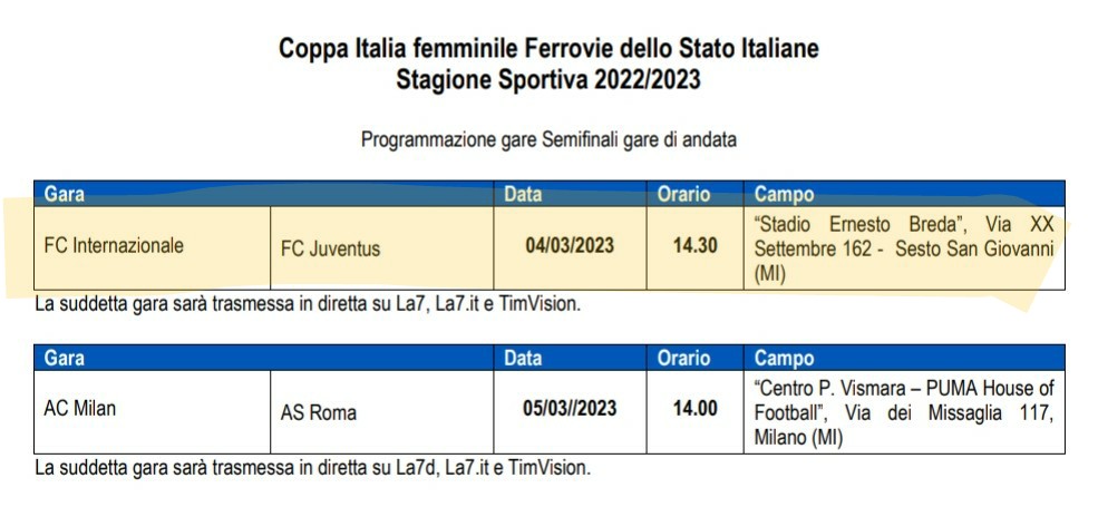 JWS_Italia's tweet photo. 📣 #SAVETHDATE. #CoppaItaliaFemminile, 1/2 finali, gare di andata.

➡️ #InterJuve
           📅 sabato 4 marzo 
           ⏰ 14:30
           🏟 "Stadio E. Breda", Sesto S. Giovanni (MI)
           📺 Juventus TV, TIM Vision e La7

Il ritorno si giocherà, presumibilmente, il 12. https://t.co/MgpKMjTIRs