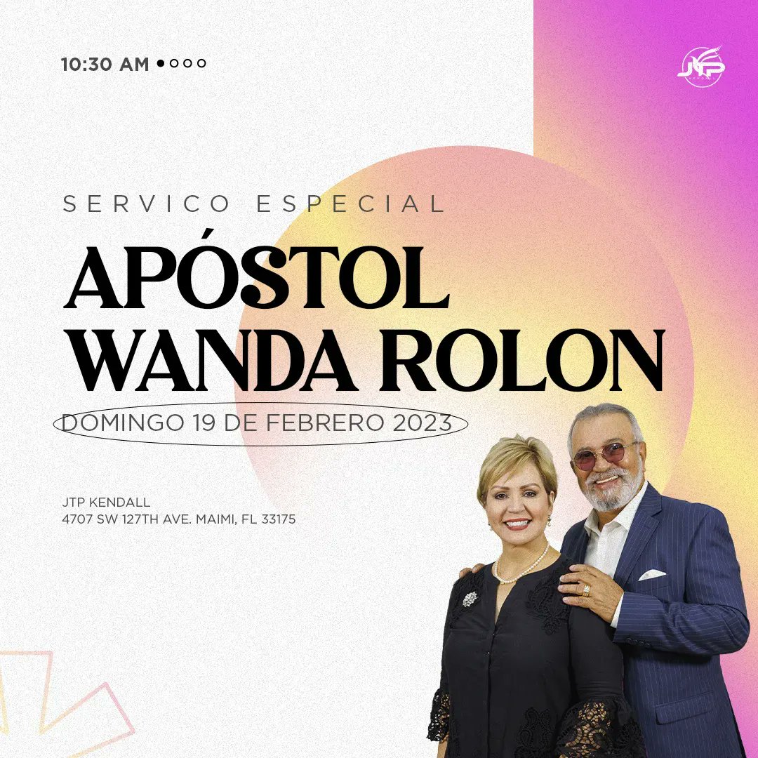Te animamos a que nos visites este domingo en #JTPKendall 🤩
Tendremos la visita de la Apóstol Wanda Rolon quien estará compartiendo un palabra que sera de bendicion para tu vida. 🙌🏻

Haz planes con tu familia para estar con nosotros y juntos disfrutar de un super domingo.
