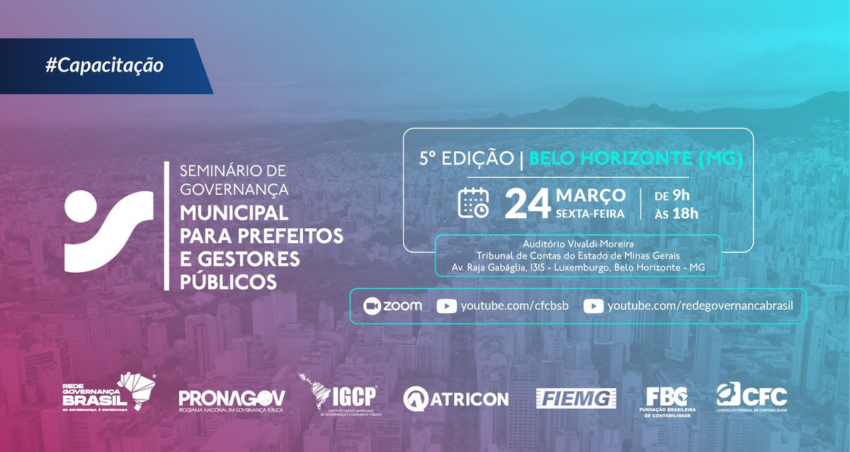 cfcoficial_'s tweet photo. 📍O CFC, em parceria com a RGB, o IGCP, a ATRICON, a FIEMG e a FBC, realizarão o 5º Seminário de Governança Municipal para Prefeitos e Gestores Públicos.

#seminário #palestra #evento #minasgerais #governançamunicipal #governança #cfc #rgb #igcp #integridade #atricon #fiemg #fbc https://t.co/XUikrwli5P