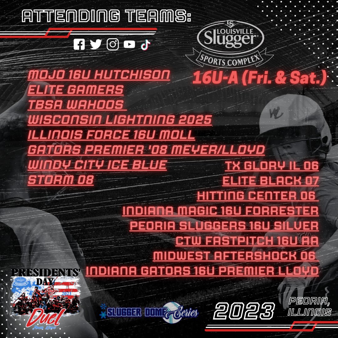 sluggerpeoria's tweet photo. As #presidentsdayduel is quickly approaching here are the teams attending! Get ready for an action packed weekend!!! 
#louisvilleslugger #fastpitch #fastpitchlife #fashpitchsoftball #fastpitchfriday #softball #sofballlife #softballseason #softballislife #PresidentsDay https://t.co/W9eWfl9HKa