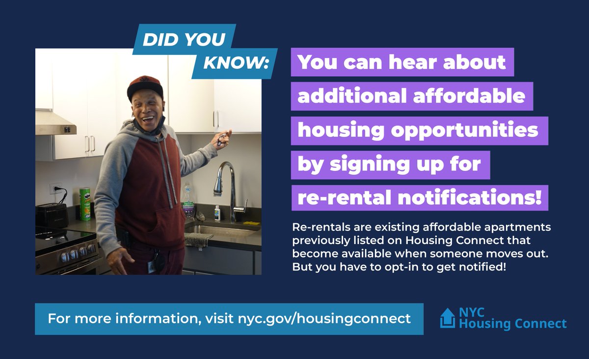 NYCHousing's tweet photo. Here's how to opt in to get notified for #HousingConnect re-rentals:
✅ Click “My Household” under the Main Menu
✅ Go to the “Housing Choices” section underneath “Household Members”
✅ Click “Yes” and answer the prompts to specify your deal breakers
#HousingConnectFacts https://t.co/fYKynCoe28
