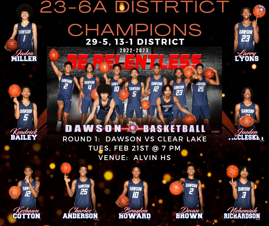 🚨 PLAYOFF ALERT 🚨

  🏀DAWSON🦅 v. Clear Lake
 📍 Alvin HS 🚍🚍
  🗓️ Tue, Feb. 21st
  🕢 7 pm

Round 1 of the Playoffs is set!  So we need <a href="/DawsonHighSchl/">Dawson Eagles</a> &amp; <a href="/DawsonSection/">Glenda Dawson Student Section</a> to bring all the Eagle Energy⚡ as we take on Clear Lake on Tuesday!   #RealSeason
#BeRelentless 🦅💪🏽