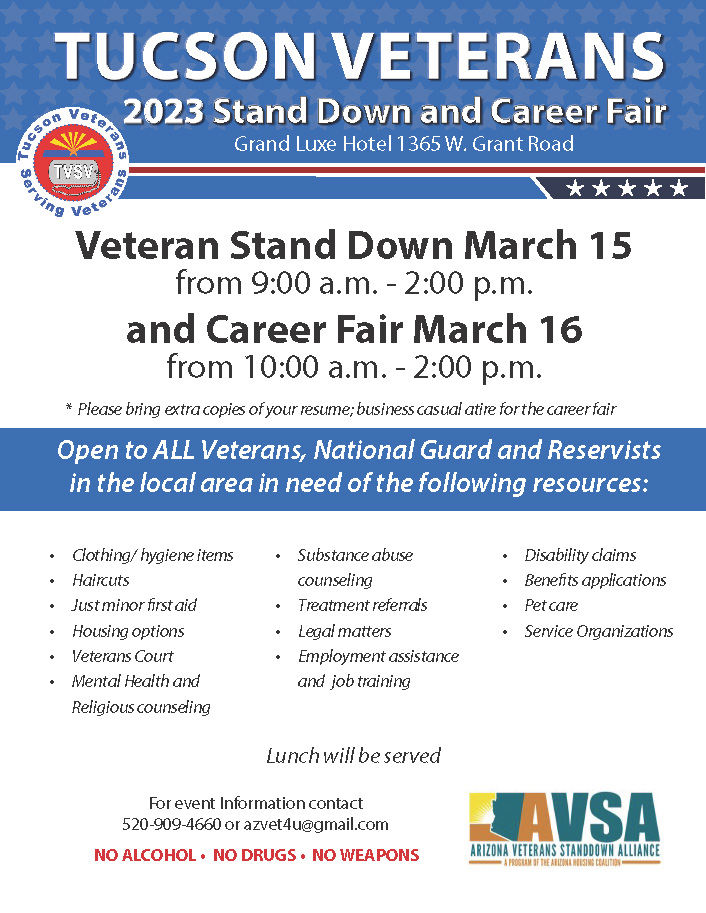 Are you a #Veteran in Pima county? The #Tucson Veterans StandDown and Career Fair is in ONE MONTH! This event is also open to service members in the #NationalGuard and reservists.

#AZVets #Veterans #Arizona #PimaCounty #southernArizona #VeteranStandDown #careerfair #veteranevent