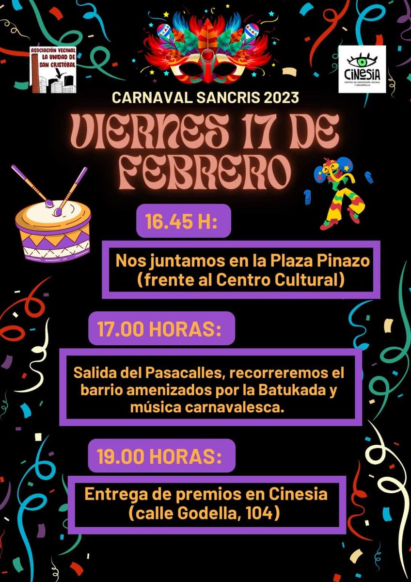 AVSancris's tweet photo. 🎭🎭 Mañana comenzamos con el carnaval popular en nuestro barrio. 

📌 16:45H Quedada en la Pza. Pinazo 
📌 17:00H Salida del pasacalles
📌 19:00H Entrega de premios en @Cinesiacivyd 

#CarnavalSanCris2023 https://t.co/d6tIsMbHpL
