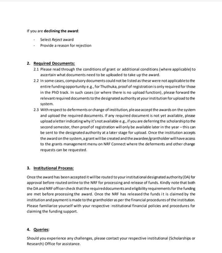 The PGFO requests students who are successfully awarded 2023 NRF scholarships to accept the award offers and upload the required documents on the NRF connect system. Use the attached pictures for guidance.

For further assistance: nrfsupport3@uct.ac.za