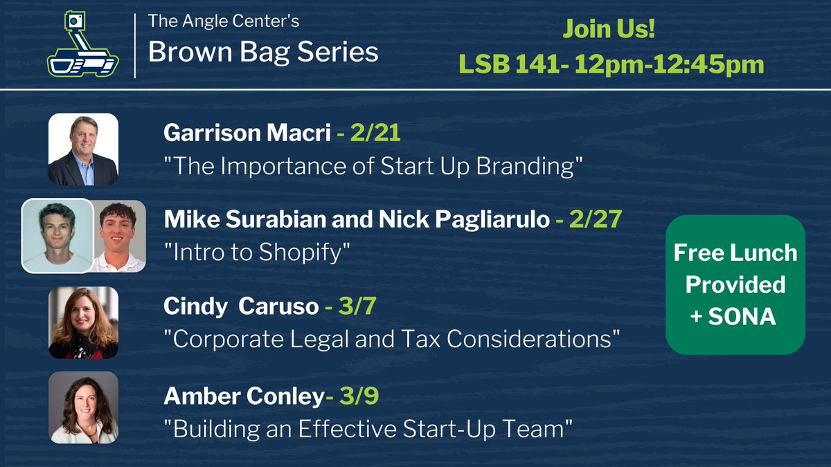 Unleash your inner entrepreneur with the Angle Center for Brown Bag Series!

These hands-on workshops provide you with the tools and resources you need to turn your passion into a successful business.