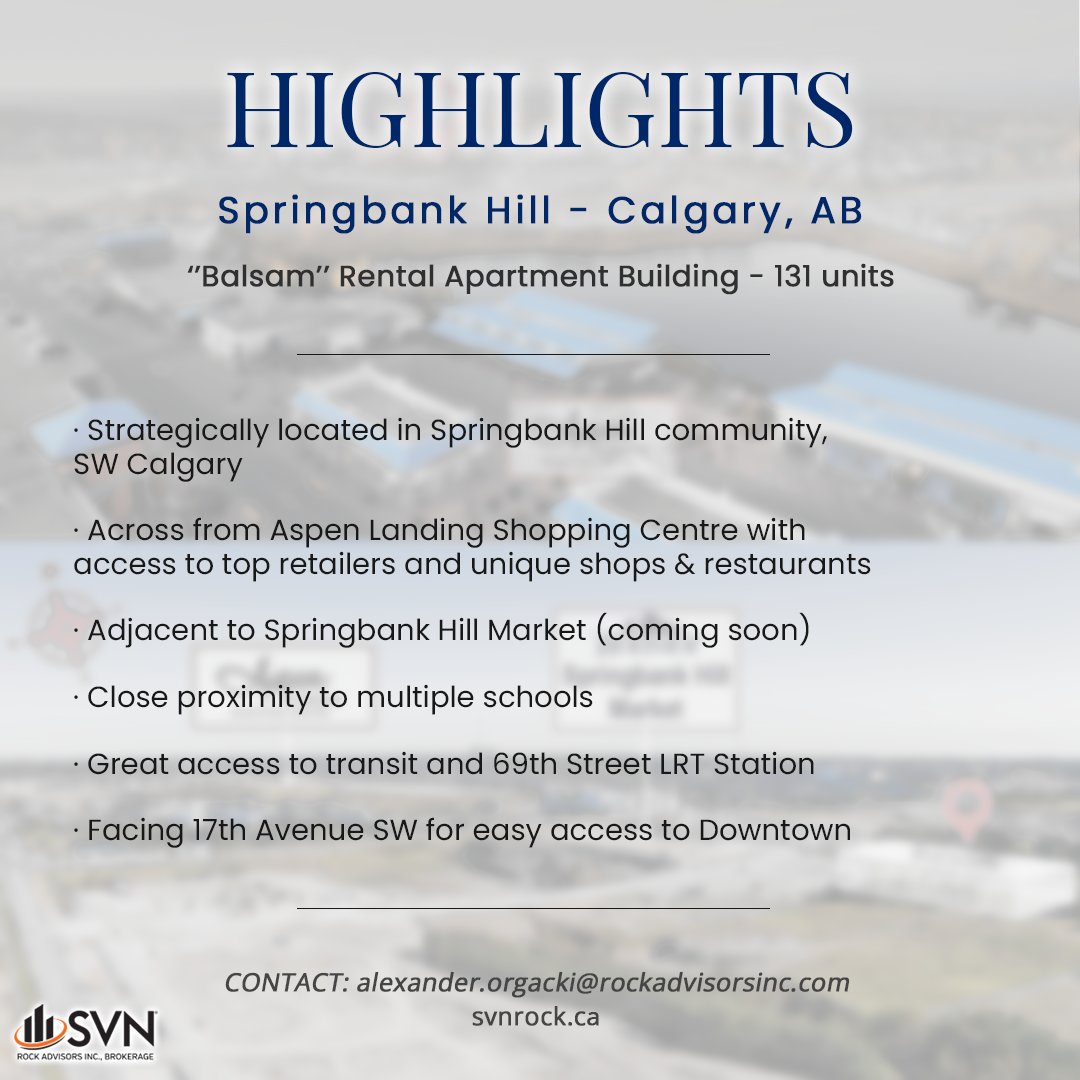 SVNRock's tweet photo. 101,718 SF, 131 units total. SW #Calgary .
Contact our advisor for full info: alexander.orgacki@rockadvisorsinc.com

#propertyforsale #propertydevelopment #propertyinvestment #canadarealestate #commercialrealestate https://t.co/DaN5JOmvMB